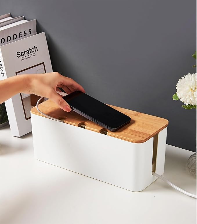 Cable Management Box with Bamboo Lid, Cord Organizer Box to Hide Wires & Power Strips, Extension Cord Power Stripe Surge Protector Wire Concealer Organizer Cover Hider (white-2pcs)