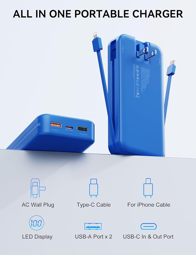 Nusyddy Portable Charger 20000mAh PD20W w/Built-in Cables & Wall Plug Navy | PD20W Fast Charging, High Capacity, LED Display, Charge 5 Devices at once, TSA Approved, Compatible with iPhone/iPad/Samsung
