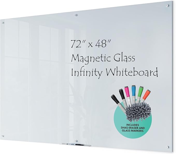U Brands Magnetic Glass Dry Erase Board, Office Supplies, White, with Eraser, Markers, Magnet, 18” Tray, 5mm, 48” x 72”