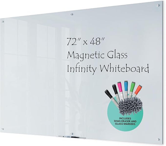 U Brands Magnetic Glass Dry Erase Board, Office Supplies, White, with Eraser, Markers, Magnet, 18” Tray, 5mm, 48” x 72”