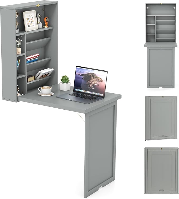 GOFLAME Wall Mounted Folding Desk with 3-Tier Tilt Storage Partition and Adjustable Shelves, Space-Saving Convertible Writing Desk for Home Office, Gray