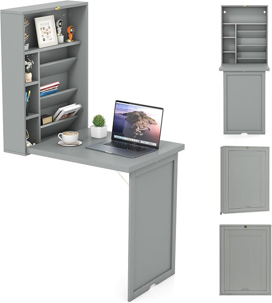 GOFLAME Wall Mounted Folding Desk with 3-Tier Tilt Storage Partition and Adjustable Shelves, Space-Saving Convertible Writing Desk for Home Office, Gray