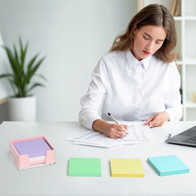 Sticky Note Holder, Pink Acrylic Notepad Holder 3x3 in Self-Stick Note Dispenser Office Desk Accessories, Memo Pad Holder Organizer for Classroom School Supplies