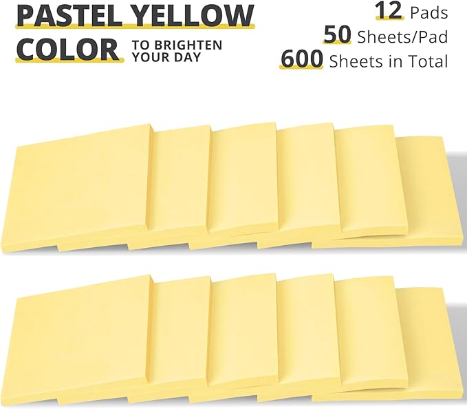 Pop Up Sticky Notes, 12 Pads, 3x3 inches, Yellow Self-Stick Note Pads, Perfect for Office, Study, and Daily Life Organization - Yellow