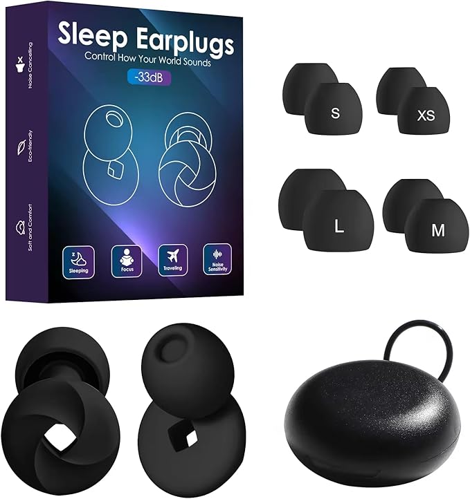 MARLENZ High Fidelity Noise Reduction Earplugs for Sleep & Focus – Soft Reusable Silicone Ear Plugs for Snoring, Concerts, & Sensitivity – 33dB NRR, 4 Sizes (XS/S/M/L) – Black
