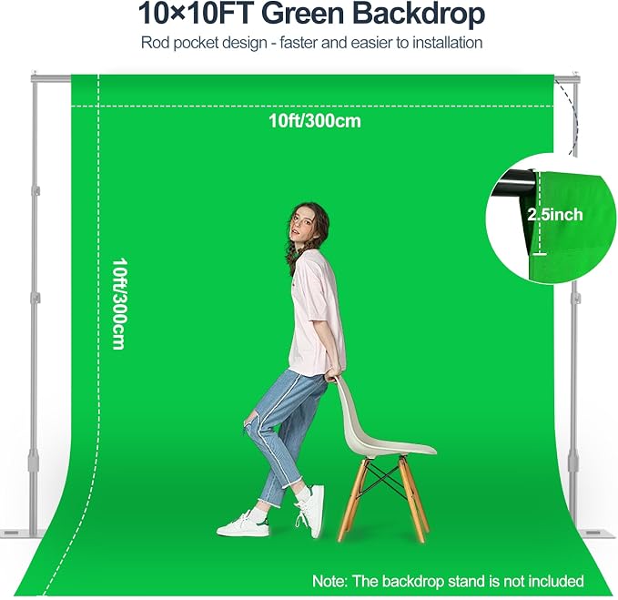 Green Screen Backdrop, 10×10FT Photography Chromakey Greenscreen Background Sheet for Zoom Meeting, Polyester Fabric Cloth Curtain for Photo Video Studio, Party, Live Streaming, Photoshoot