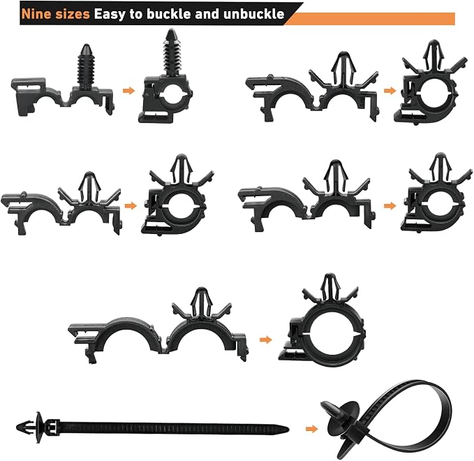 GOOACC 130Pcs Car Wire Loom Routing Clips Assortment - 9 Different Sizes Universal Wiring Harness Routing Clip Replacement Parts for Honda GM Mazda