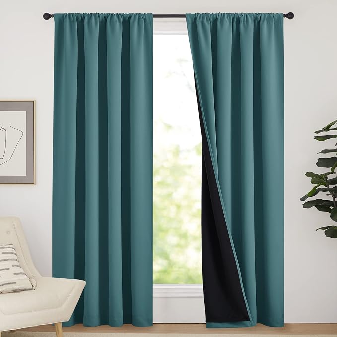 NICETOWN Complete 100% Blackout Curtain Set, Thermal Insulated & Energy Efficiency Window Draperies for Guest Room, Full Shading Panels for Shift Worker and Light Sleepers, Sea Teal, 52W x 84L, 2 PCs