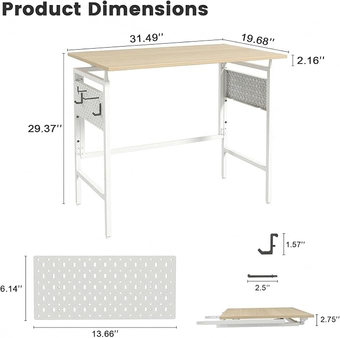 Hadulcet 31'' Foldable Desk, Small Desk with 2 Adjustable Pegboards, Computer Desk for Bedroom or Apartment, Portable Folding Desk for Home Office Work & RV, Folding Desks for Small Spaces, Oak