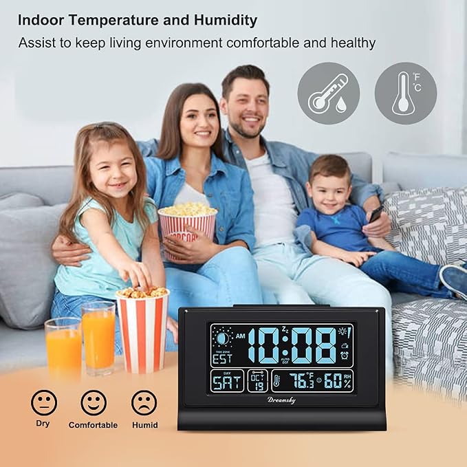 DreamSky Alarm Clocks for Bedrooms with Battery Backup, Auto Set | Digital Clock with Date and Day of Week, Indoor Temperature Humidity, Moon Phase, Dimmer, Auto DST, USB Port