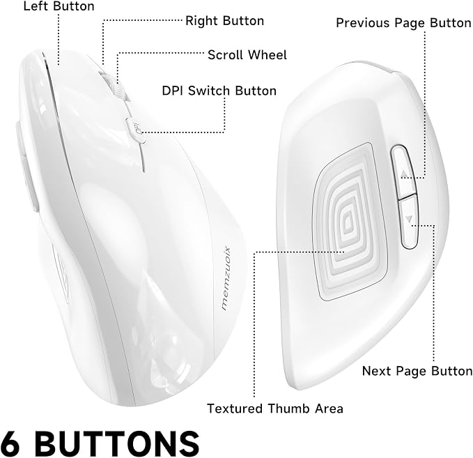 memzuoix Ergonomic Wireless Mouse, 2.4G Optical Cordless, 800/1200/1600 DPI, Vertical Computer Mouse for Laptop, Mac, PC, Desktop (Right Hand, Large) - White
