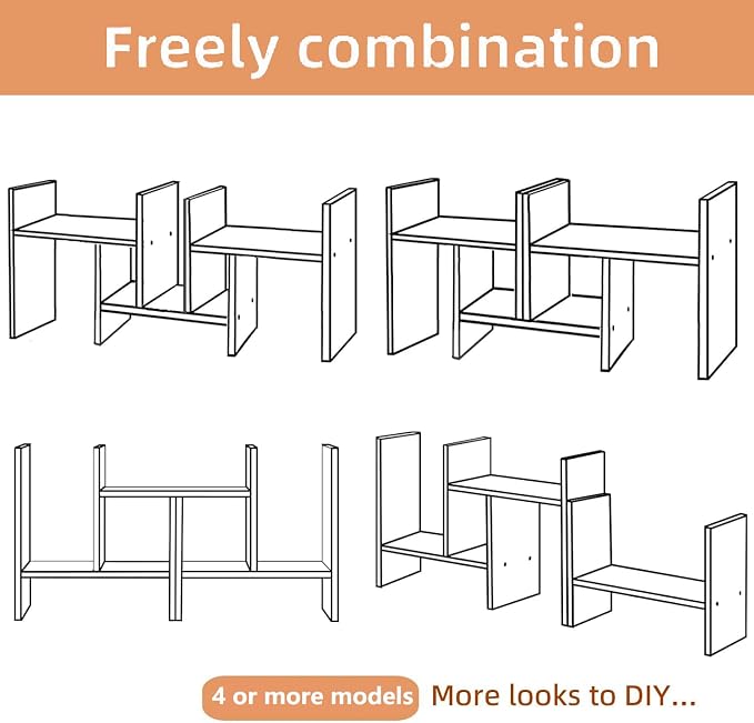 Meikuler Desktop Shelf Organizer, Adjustable Wood Display Desk Shelf, Office Storage Rack Tabletop Bookshelf Multipurpose Shelves for Home Decor, Office, Gifts (Solid White)