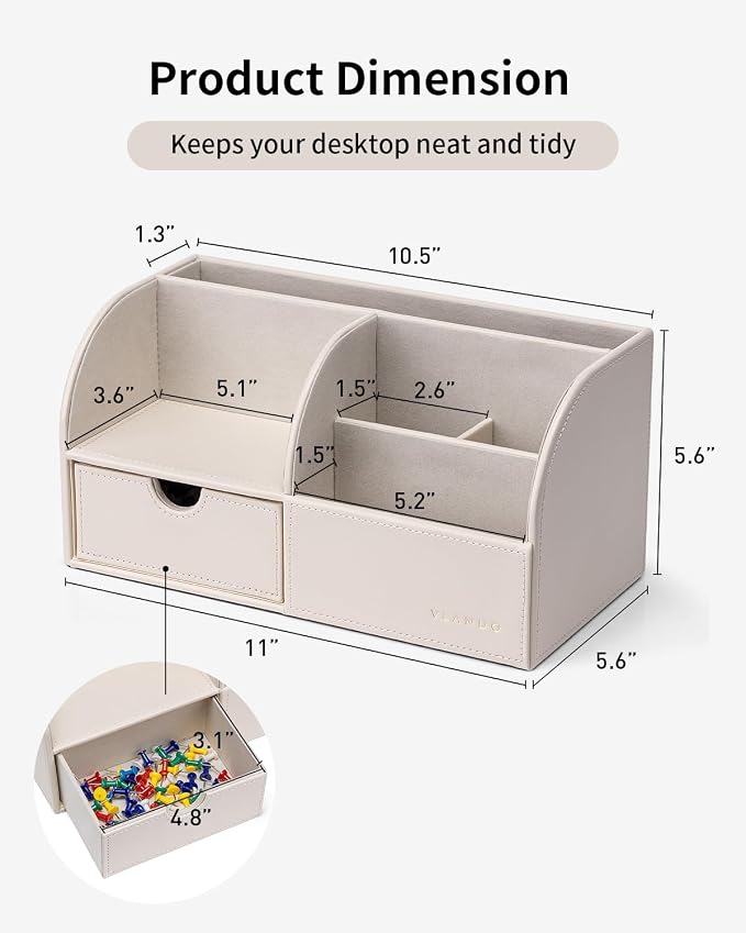VLANDO PU Leather Desk Organizer with Drawer,6 Compartments | Office Supplies for Women,Desktop Storage for Pens, Notes, Makeup Brushes Vanity Essentials,Cream White