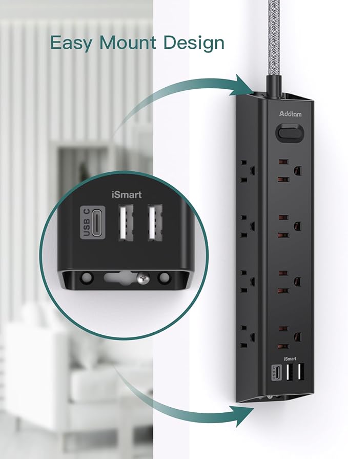 Surge Protector Power Strip - 5 FT Extension Cord, Power Strip with 12 Widely AC Outlet 3 USB, Flat Plug Wall Mount Overload Protection, 1050J, Desk Charging Station for Home Office, ETL Listed,Black