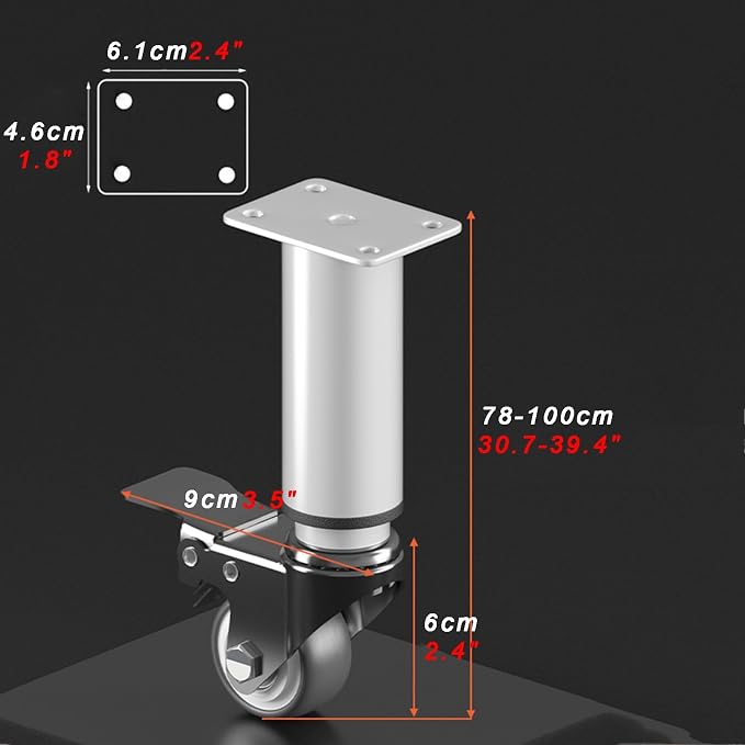 Mobile Metal Table Legs Equipped with Wheels Height-Adjustable Powder-Coated Finish Water Proof and Rustproof 300kg Load Ability Easy Assembly (4-Piece Set)