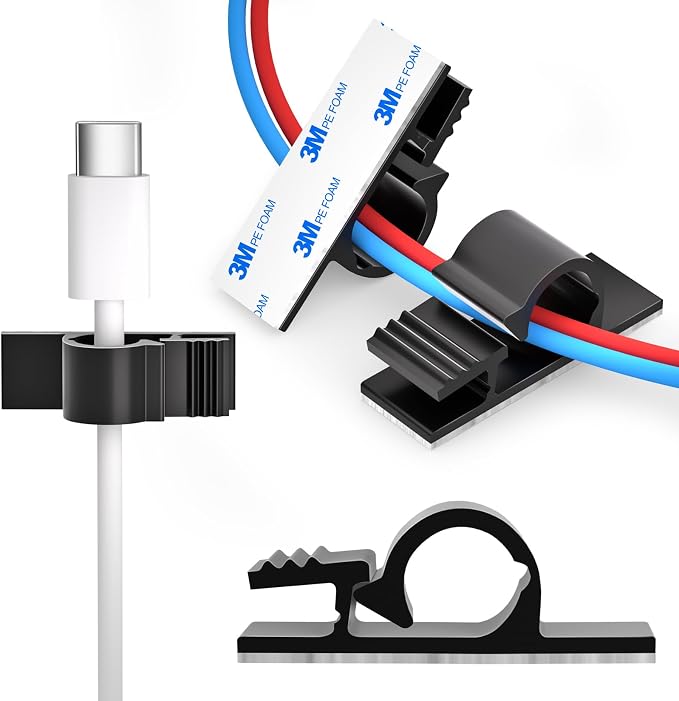 XHF 100pcs Adhesive Cable Wire Clips Black, Outdoor Cable Management Wire Organizer Cord Holder for Under Desk, Car, Wall, TV PC Ethernet Cable