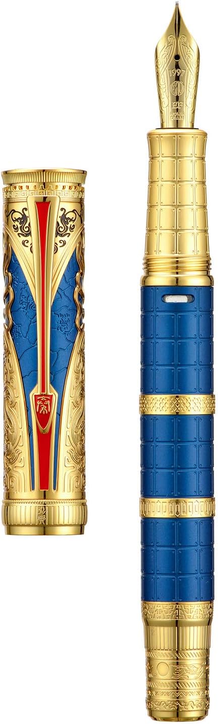 HONG DIAN D5 Qin Dynasty Fountain Pen Blue Gold, Fine Nib Piston Filling Pen, Retro Chinese Totem Engraving Smooth Writing Pen with Pen Box Set