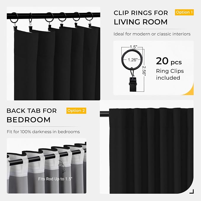 INOVADAY 100% Blackout Curtains for Bedroom, Black Out Curtains 108 Inch Long, Clip Rings Linen Blackout Drapes, Thermal Insulated Room Darkening for Living Room, 2 Panels - Black,W50xL108