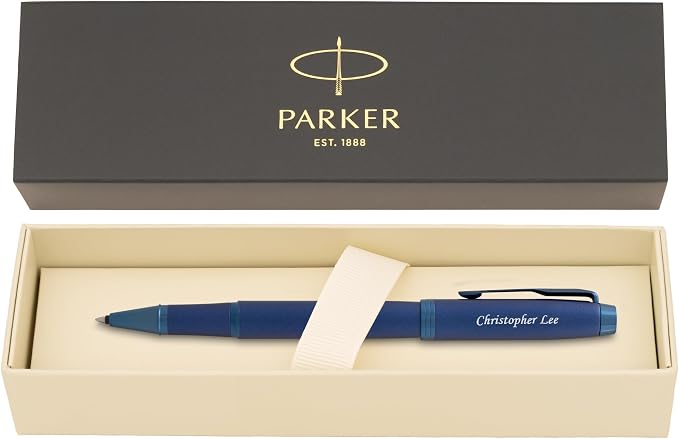 Parker IM Monochrome Blue Engraved Rollerball Pen, All-Metal Blue Trim, Fine Point Black Ink, Arrow Clip, Personalized Gift for Graduation, Writers, Career Advancement, Parker Gift Box