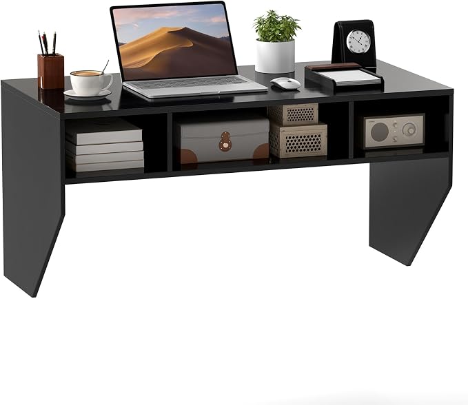GOFLAME Wall-Mounted Computer Desk, Floating Study Table with Spacious Tabletop and 3 Open Compartments, Home Office Working Desk, PC Laptop Workstation, Vanity Table for Makeup Room (Black)