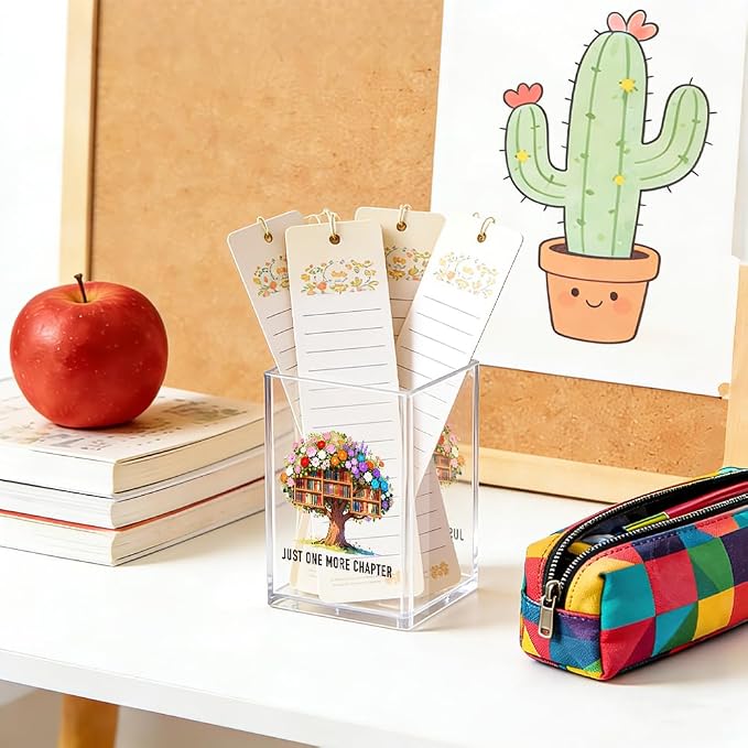 Just One More Chapter Acrylic Pencil Pen Holder Cup, Tree of Life Print Bookmark Storage Organizer, Cute Bookish Desk Accessories Holder Gifts for Daughter Librarian Teacher Book Lover Reader
