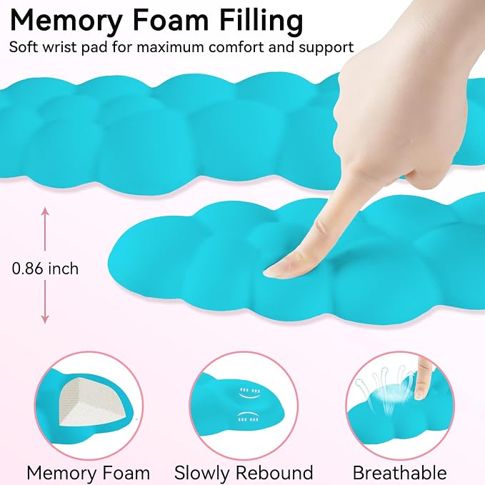 Sushret Cloud Wrist Rest for Computer Keyboard, 4-in-1 Memory Foam Leather Cloud Keyboard Wrist Rest and Mouse Pad Set with Ergonomic Support for Arm and Palm Cushion, Gaming/Work Setup, Scuba Blue