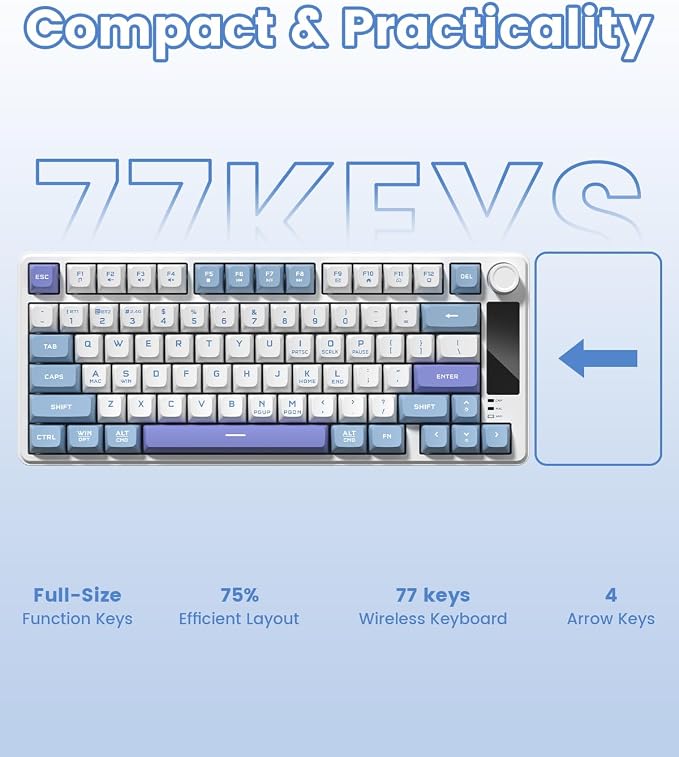 Womier DK75 75% Wireless Gaming Keyboard, RGB Backlit Creamy Keyboard with Multifunction Knob & Screen, Tri-Mode 2.4GHz/USB-C/BT5.0, Anti-Ghosting No-Conflict Silent Membrane Keyboard for MAC Windows