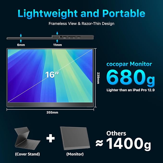 cocopar Portable Monitor 16 Inch 2.5K QHD 110% sRGB 144Hz USB-C, 120Hz HDMI, Travel Monitor with Speaker Second Screen for Laptop MacBook Surface PC Xbox PS4/5, VESA Mountable, with Kickstand