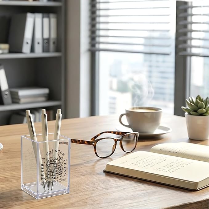 There's No Such Thing As Too Many Books Acrylic Organizer Pencil Pen Holder, Bookish Bookmark Holder, Bookworm Desk Accessories Holder for Women Teacher Reader, Graduation Gifts for Daughter