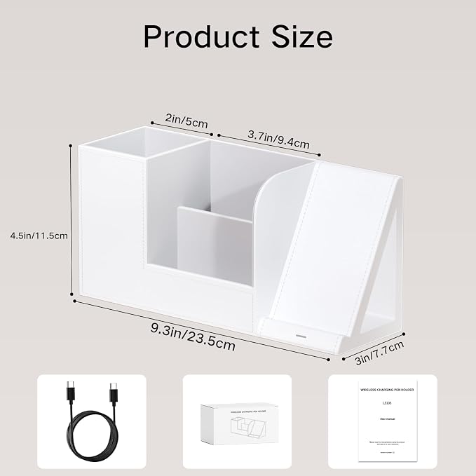 Multi-Functional Pencil Holder for Desk, Desk Organizers and Accessories with 4 Compartments for Office Art Supplies,Desk Phone Stand Charger for Desktop/Counter,Wihte Office Storage for Pens, Keys