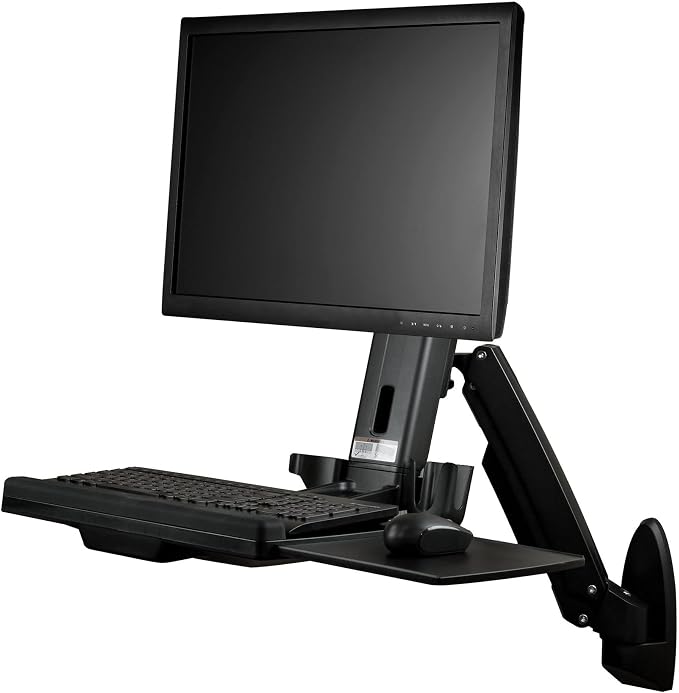 StarTech.com Wall Mount Workstation - Articulating Full Motion Standing Desk with Ergonomic Height Adjustable Monitor & Keyboard Tray Arm - Mouse & Scanner Holders - Single VESA Display, TAA