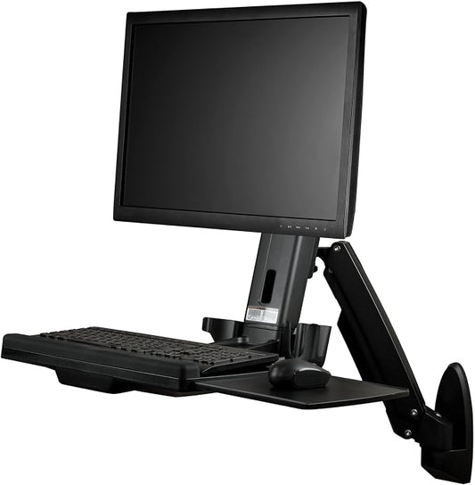 StarTech.com Wall Mount Workstation - Articulating Full Motion Standing Desk with Ergonomic Height Adjustable Monitor & Keyboard Tray Arm - Mouse & Scanner Holders - Single VESA Display, TAA