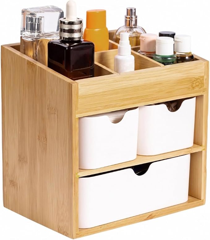 Bamboo Organizer with 3 Drawers, Small Organizer for Bathroom Countertop, Makeup Vanity Skincare/Cosmetic Organizer Box, Desktop Organization for Stationery, Adjustable & No Assembly Required