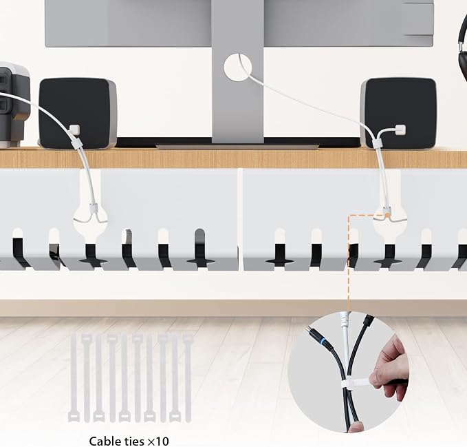 Syeeiex Under Desk Cable Management Tray, Cord Management, White, 17inch | No-Drill C-Clamp and Screw Mount, Metal Desk Wire Organizer for Office Home Workspace, Cord Organizer with 10 Cable Ties