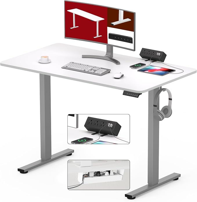 SANODESK Electric Standing Desk with Desk Clamp Power Strip 40"x 24" Whole-Piece Desktop Height Adjustable Stand Up Desk with Cable Management Sit Stand Home Office Desk Silver Frame/White Top