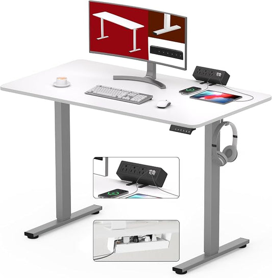 SANODESK Electric Standing Desk with Desk Clamp Power Strip 40"x 24" Whole-Piece Desktop Height Adjustable Stand Up Desk with Cable Management Sit Stand Home Office Desk Silver Frame/White Top