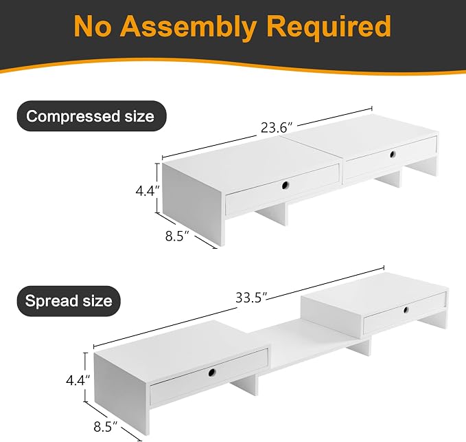 LAPTAIN Wooden Dual Monitor Stand with 2 Drawers, Monitor Stand Riser with Adjustable Length and Angle, Solid Wood Desktop Organizer Stand for Laptop/PC/Computer, No Assembly Required