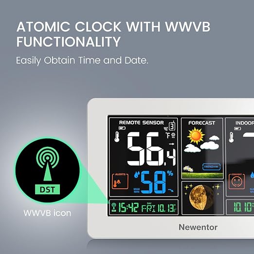 Newentor Weather Station Wireless Indoor Outdoor Thermometer,White,2Sensor | Color Display Digital Weather Thermometer with Atomic Clock, Barometric Pressure, Forecast Station with Adjustable Backlight