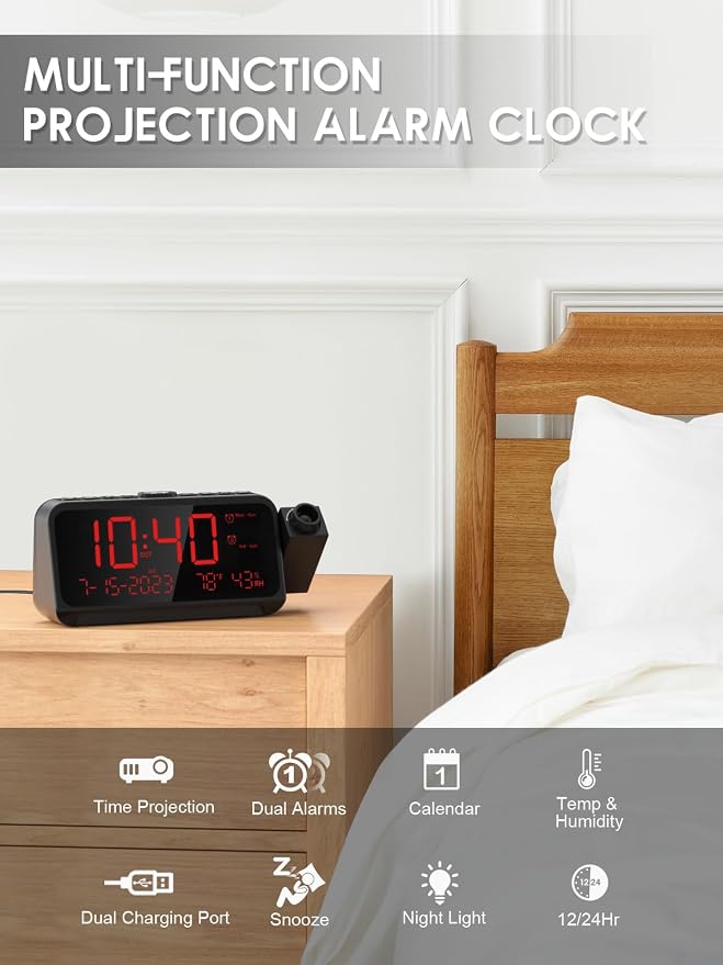 ROCAM Projection Alarm Clock with 180° Ceiling Projector & Digital Display | 5-Level Dimmer, Dual Alarms, Night Light, Temp & Humidity Display, Weekday/Weekend Mode, DST, Snooze Function for bedroom