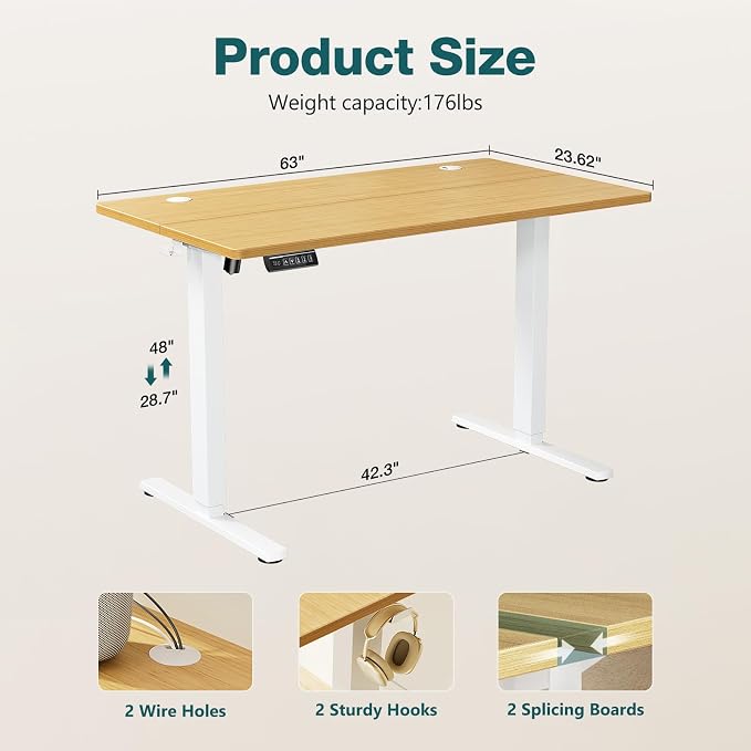Sweetcrispy Electric Standing Desk Adjustable Height, 63x24 Inch Sit Stand Up Home Office Desks Memory Computer Workstation PC Work Table with Preset Splice Wood Board Metal Frame, Oak