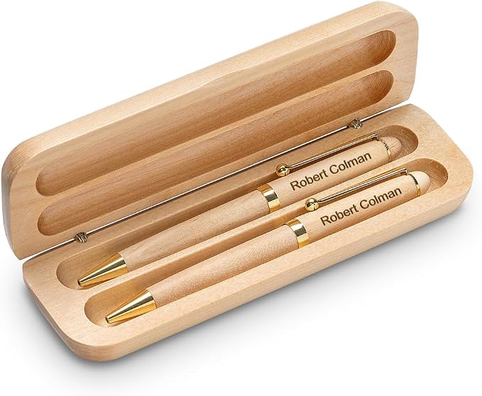 Executive Gift Shoppe | Masonic Theme Laser Engraved Maple Wood Double Pen and Box Set