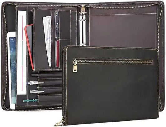 Zippered Padfolio Organizer, Leather Planner Binder, 12.9 Inch Portfolio Folder for Documents, Letter Size Business Card Tablet Document Holder for Men&Women