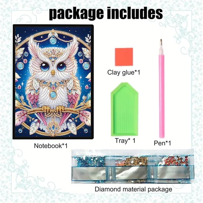 FRANDEK A5 50-Page DIY Owl Diamond Art Painting Notebook with Beautiful Patterns, Special Shaped Diamond Art Craft for Beginners Adults Gift