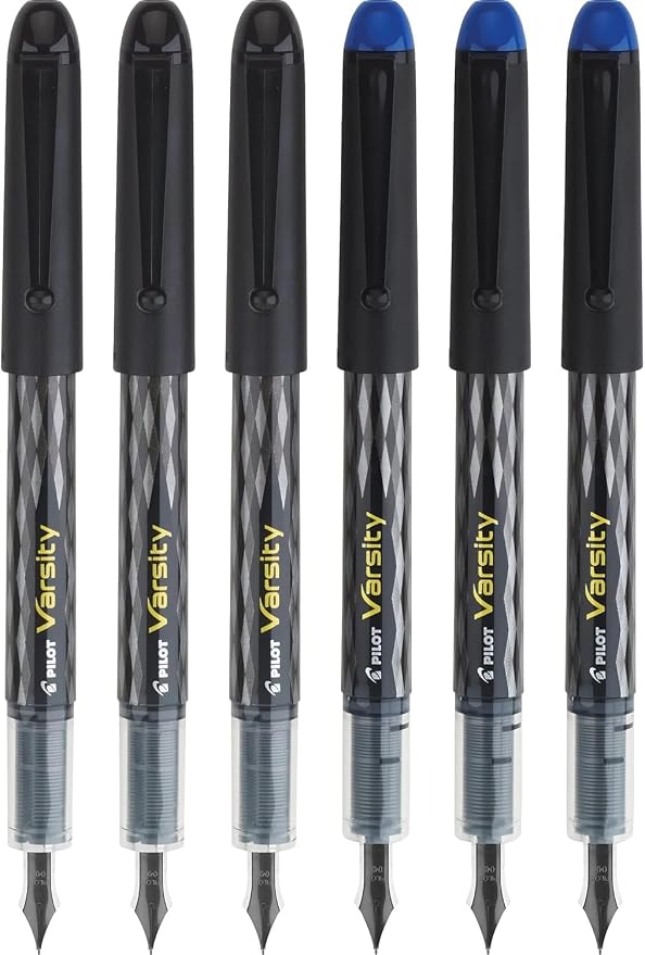 Pilot, Precise Varsity Pre-Filled Fountain Pens, Medium Point 1 mm Stainless Steel Nib, Black/Blue, 6-Pack