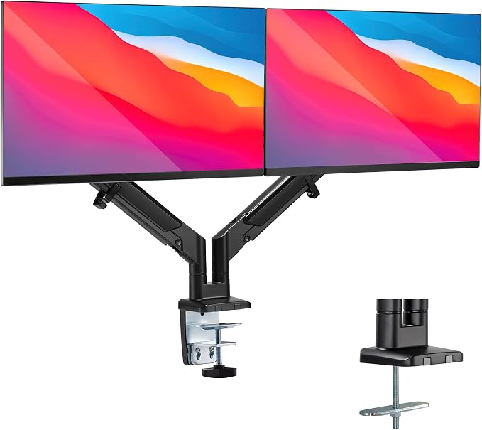 Mount-It Dual Monitor Arm Desk Mount, Low Profile Gas Spring, 17-32 in. | Fits Walls, Space Saving Steel, 19.8 lbs Each, Full Motion Height Adjustable, VESA 75x75/100x100, C-Clamp/Grommet, Black