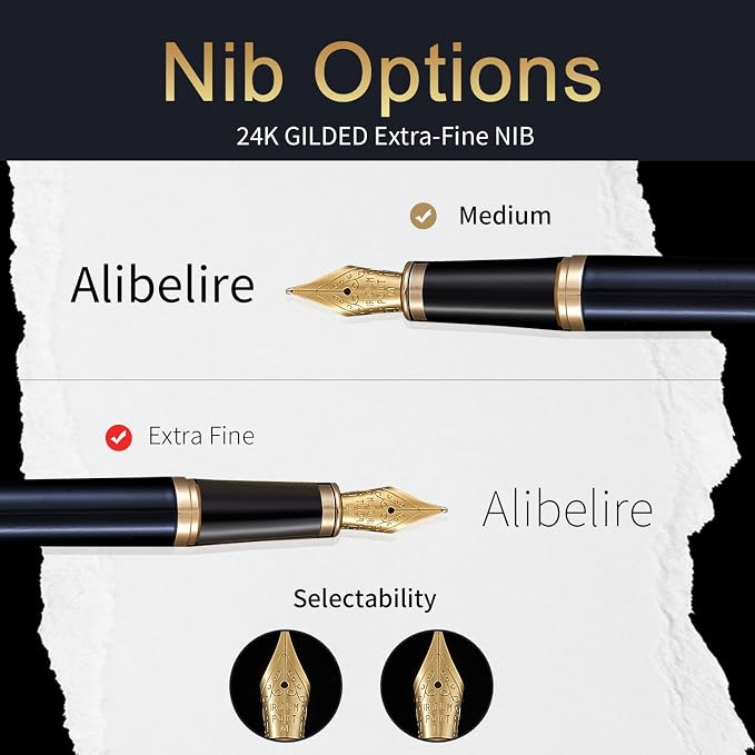 Blue Luxury Fountain Pen Set for Men and Women with Gift Box, 24K Gold Finish and Gilded Nib(Extra Fine) with 5 Black Ink Cartridges and Converter