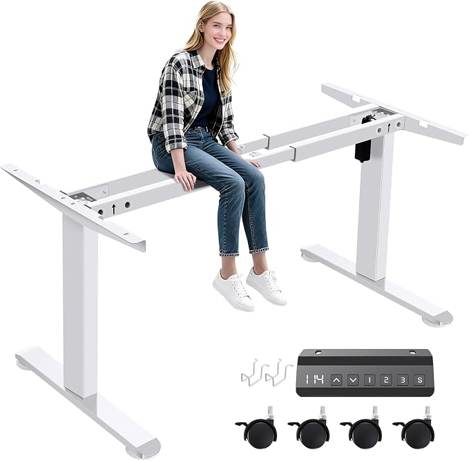 farexon Electric Stand Up Desk Frame Workstation, Dual-Beam Standing Desk Legs with Wheels&Hooks,200 lbs Capacity up to 71" x 31.5" Desktops, Ergonomic Table Base Workstation, White Frame Only