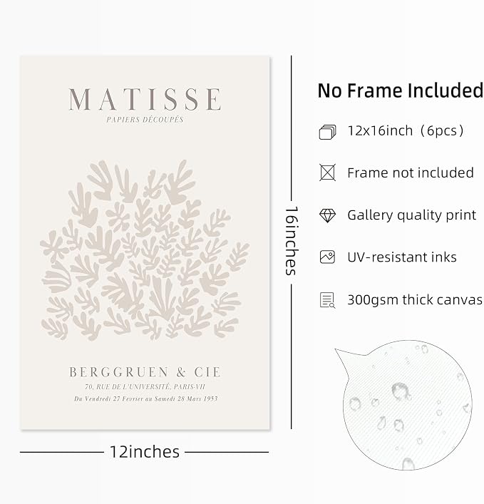 Youillne Henri Matisse Wall Art Prints Flower Abstract Canvas Pictures Aesthetic Beige Wall Art Decor Matisse Picasso Poster Gallery Vintage Painting Artwork for Bedroom 12x16 Inch Unframed Set of 6