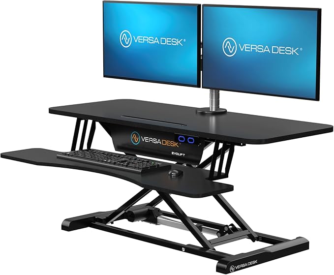 VERSADESK EvoLift 40" Electric Standing Desk Converter, Sit to Stand Motorized Desk Riser, 1-Button Easy Lift, Dual Monitor Workstation, Wide Keyboard Tray, Built-in Device Stand, Black
