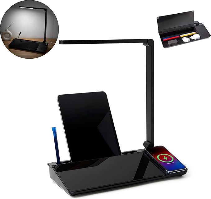 GAROOD Desktop Dry Erase Board with Storage Wireless Charger LED Lamp (Black) Desk White Board Desk Board Glass Desktop White Board with Stand Home Office Organizer Phone Holder 15.8X7X2 inches